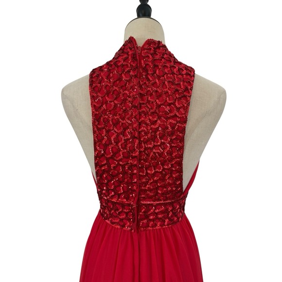 Vtg 60 Mike Benet Formal Red Sequin Halter Gown Dress Chiffon Disco Maxi Red Xs - Picture 8 of 13